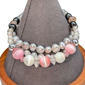 3 Bracelets - Pink & White Cats Eye Faux Pearl & Two Genuine Pearl Stretch